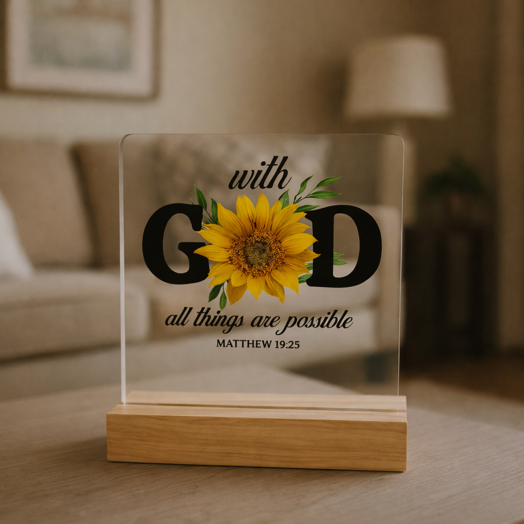 Decorative acrylic plaque with sunflower and Bible quote – “With God all things are possible”