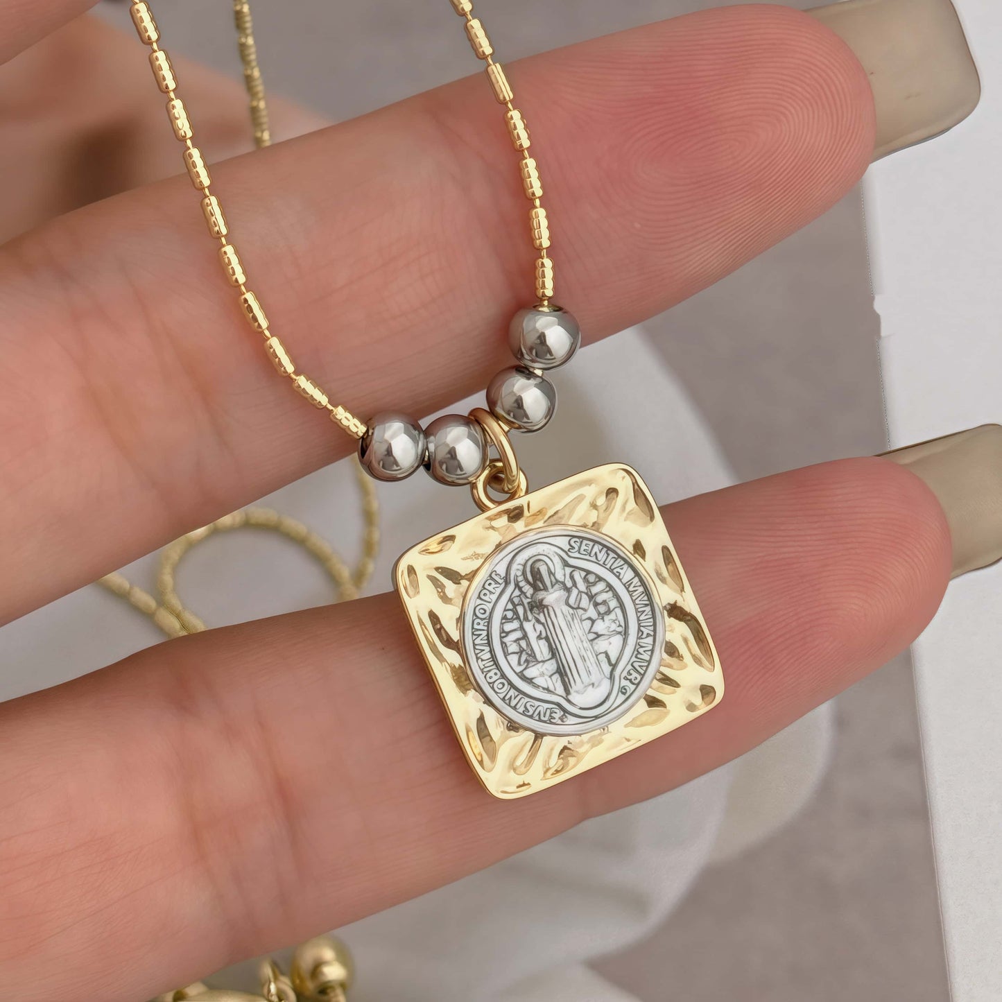 Religious copper necklace with modern square Saint Benedict Abbot pendant 