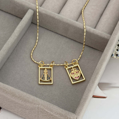Religious copper necklace with two rectangular charms: Virgin and Sacred Heart 