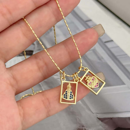 Religious copper necklace with two rectangular charms: Virgin and Sacred Heart 