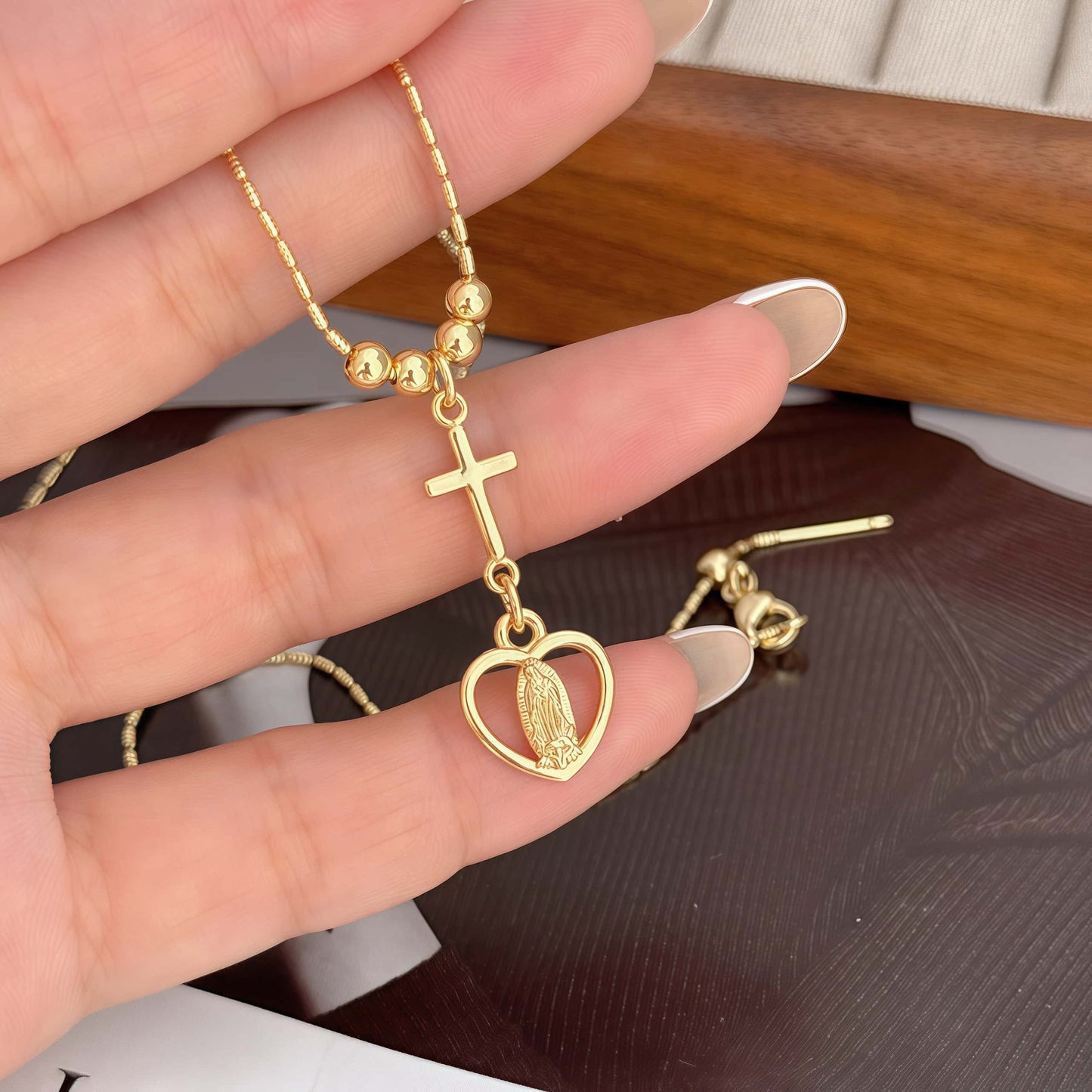 Religious copper-style necklace with cross and Virgin Mary heart pendant