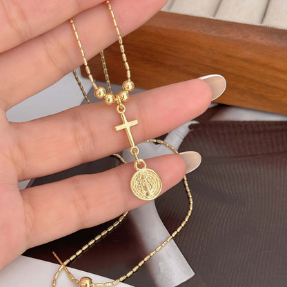 Religious copper-style necklace with cross and Saint Benedict medal 