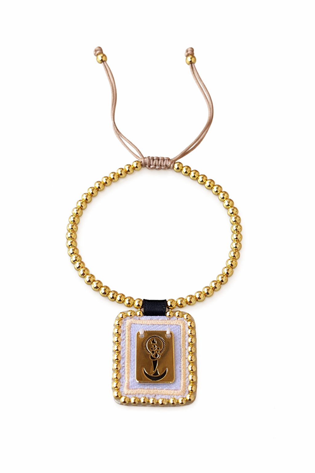 Brazalete espiritual con medalla de la Virgen de Chiquinquira y cuentas doradas