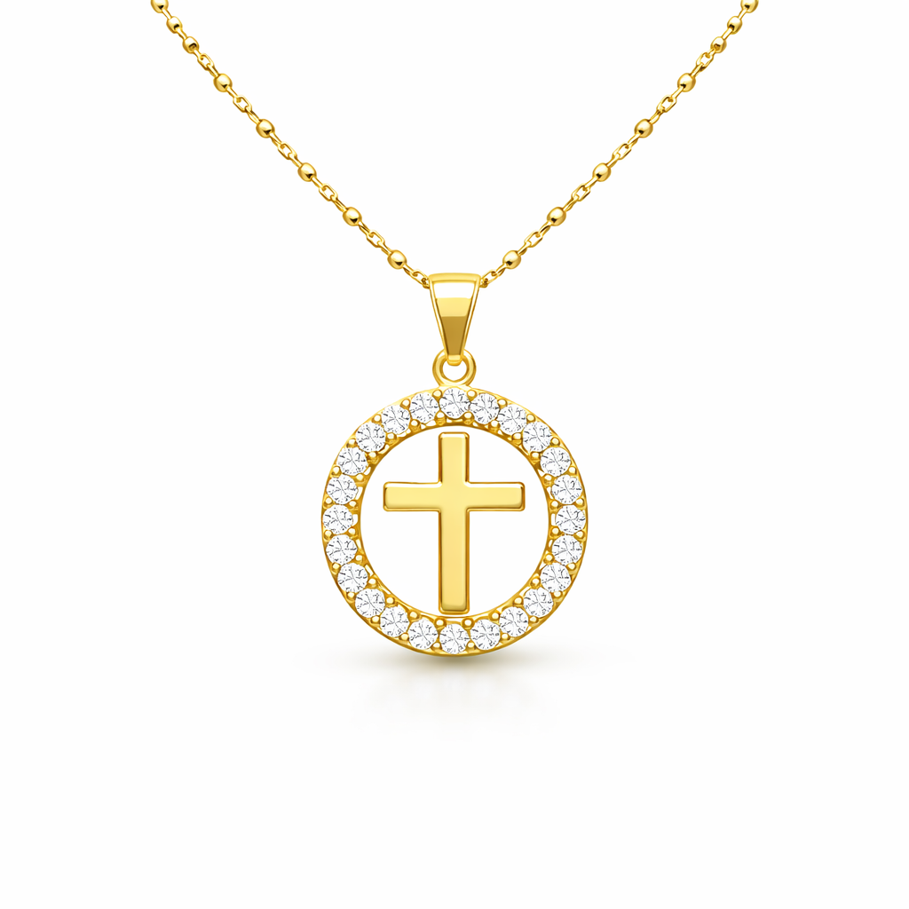 Gold necklace with elegant sparkly circle cross