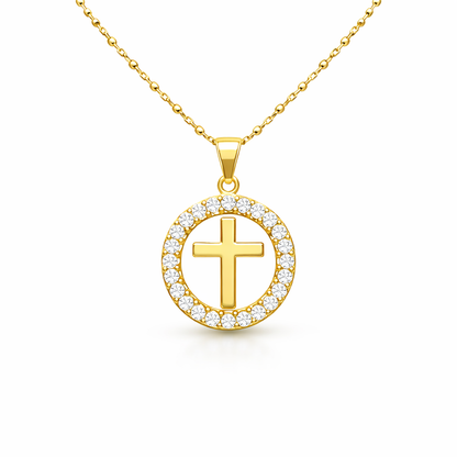 Gold necklace with elegant sparkly circle cross