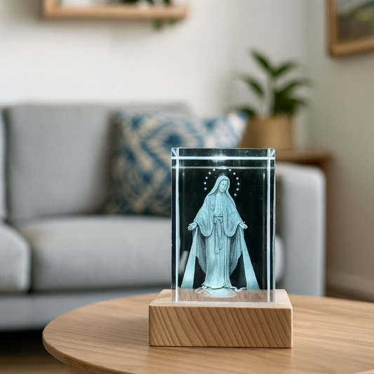 Bloque de cristal con luz LED e imagen de la Virgen María – Inspiración de fe y protección