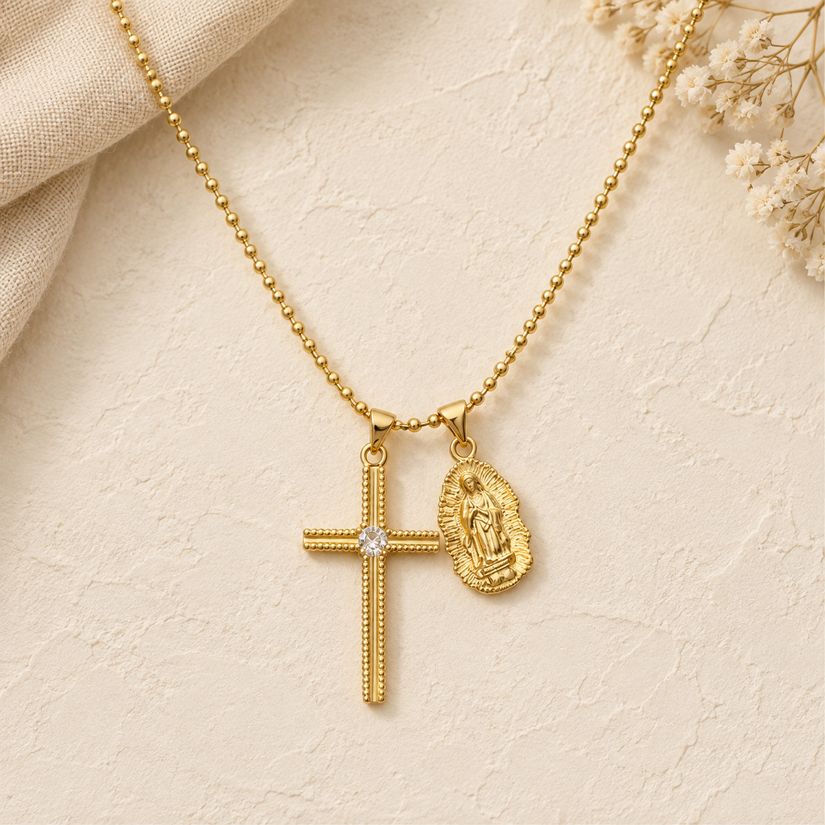 Madre de Luz – Collar Virgen de Guadalupe y Cruz