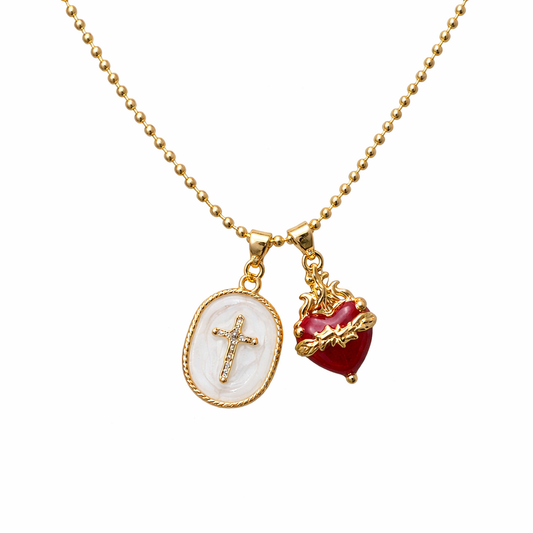 Collar Sagrado Corazón y cruz en acero inoxidable dorado