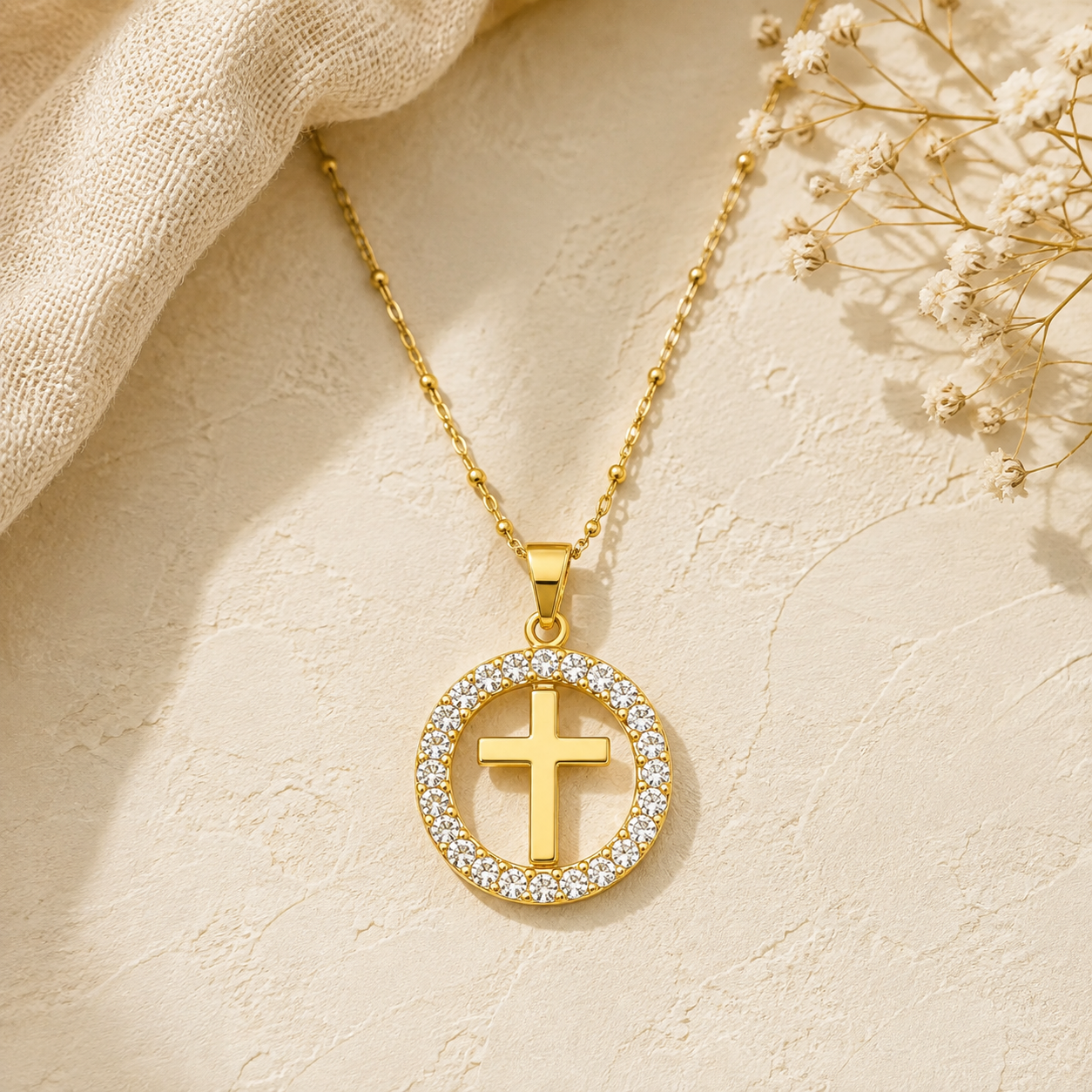 Gold necklace with elegant sparkly circle cross