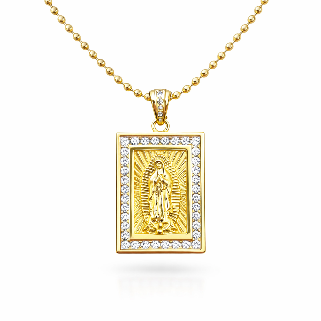 Gold necklace with a sparkly Virgin of Guadalupe medal