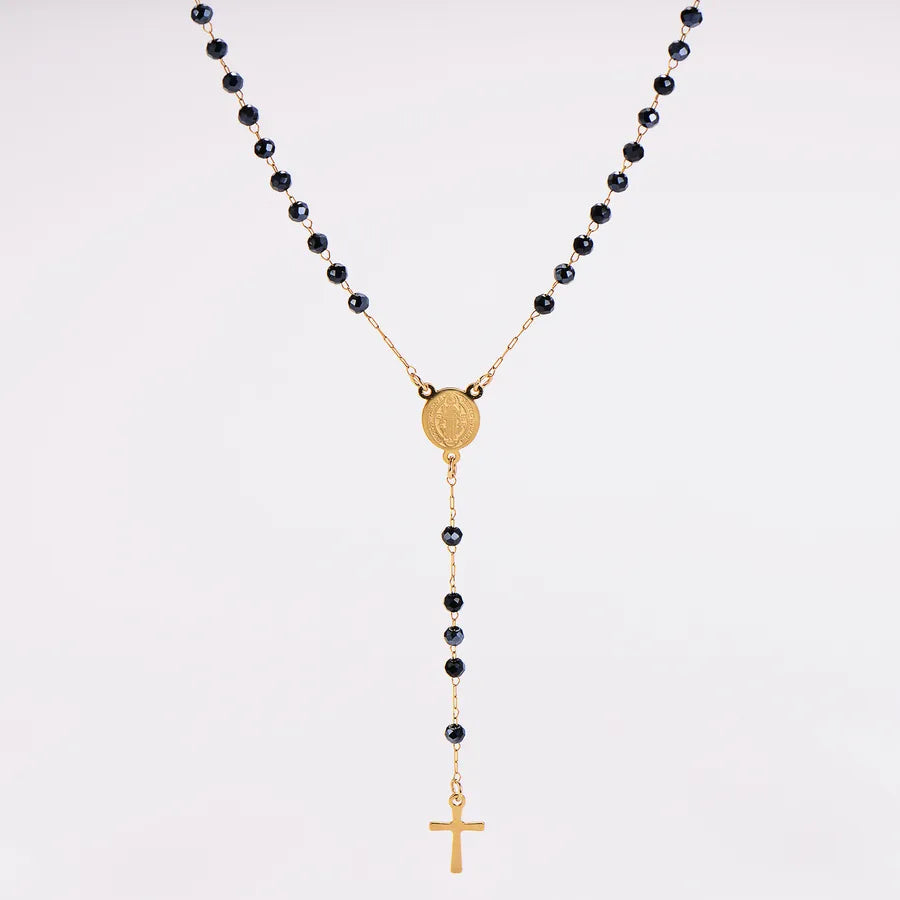 Rosario collar San Benito chapado en oro con cuentas black Grey