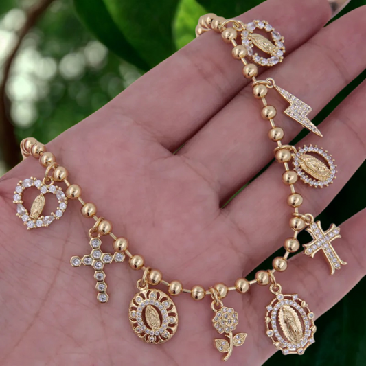 Pulsera religiosa de la Virgen Maria y cruz en acero inoxidable dorado