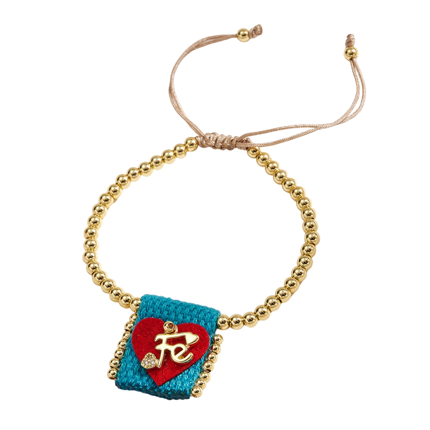 Brazalete ajustable con cuentas doradas y corazón Fe turquesa