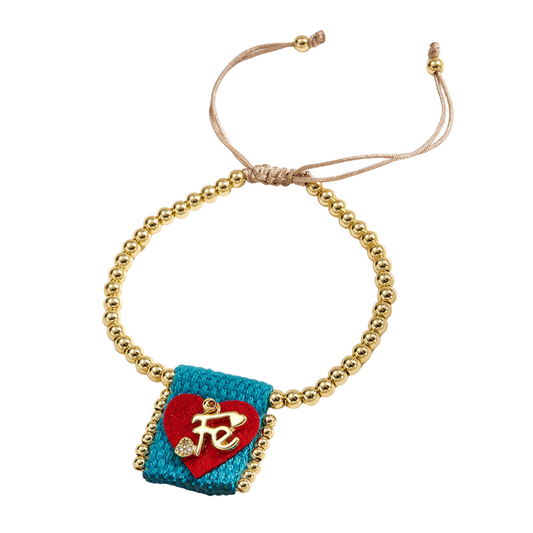 Adjustable bracelet with gold beads and turquoise Faith heart