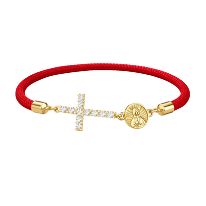 Red bracelet with a zirconia cross and a religious Virgin Mary charm