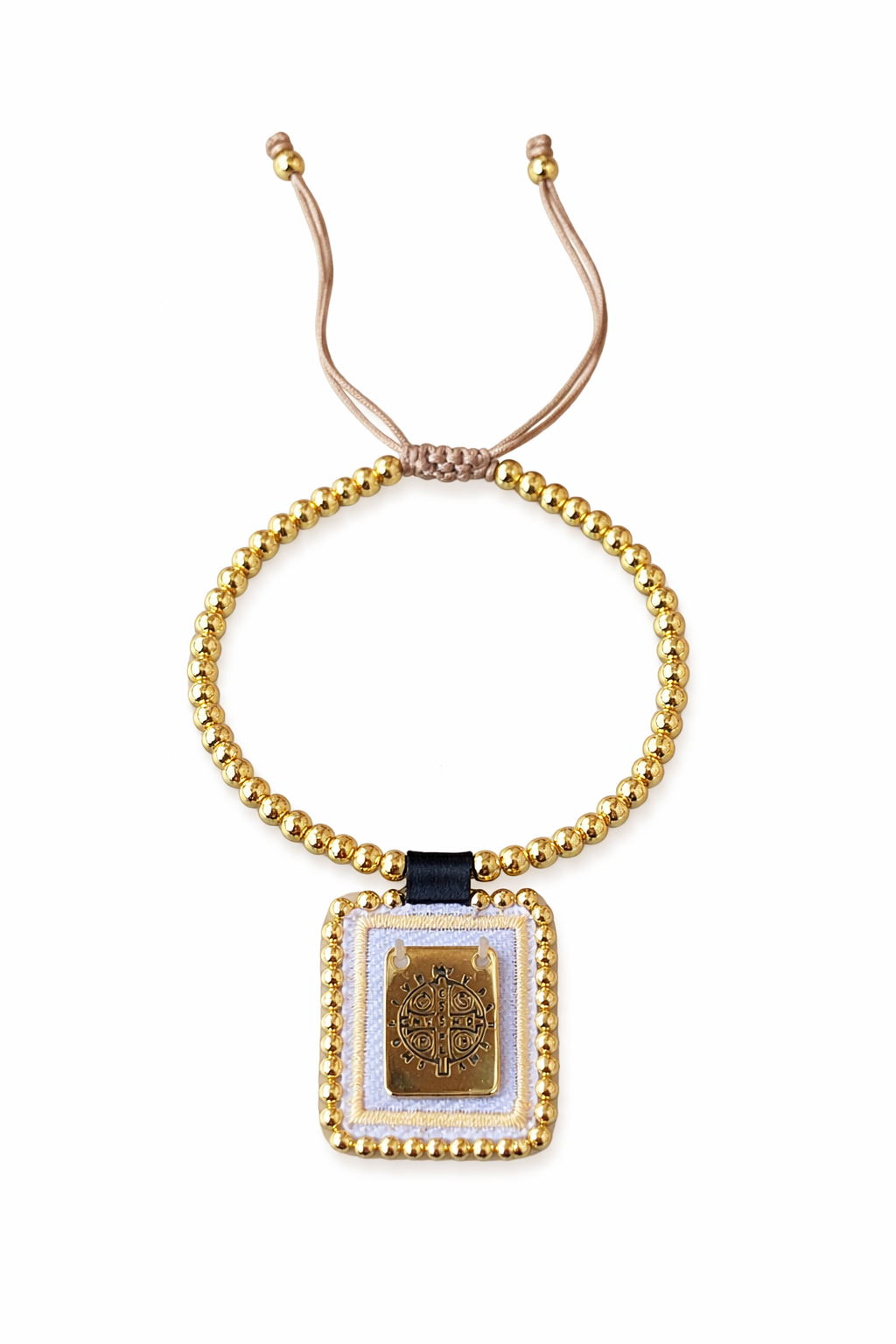 Spiritual bracelet with St. Benedict medal and gold beads