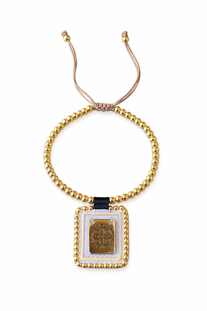 Spiritual bracelet with St. Benedict medal and gold beads