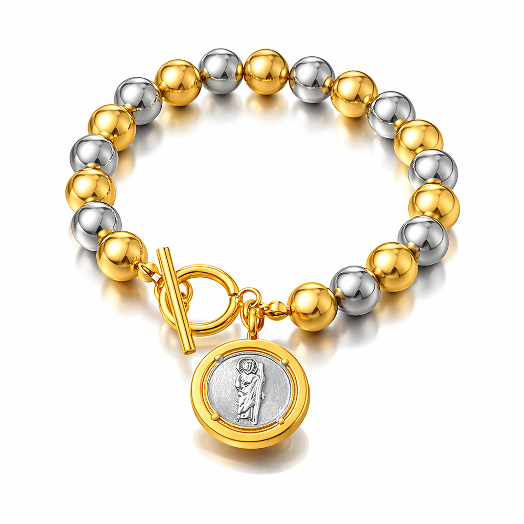 Brazalete religioso bicolor con medalla de San José acero inoxidable
