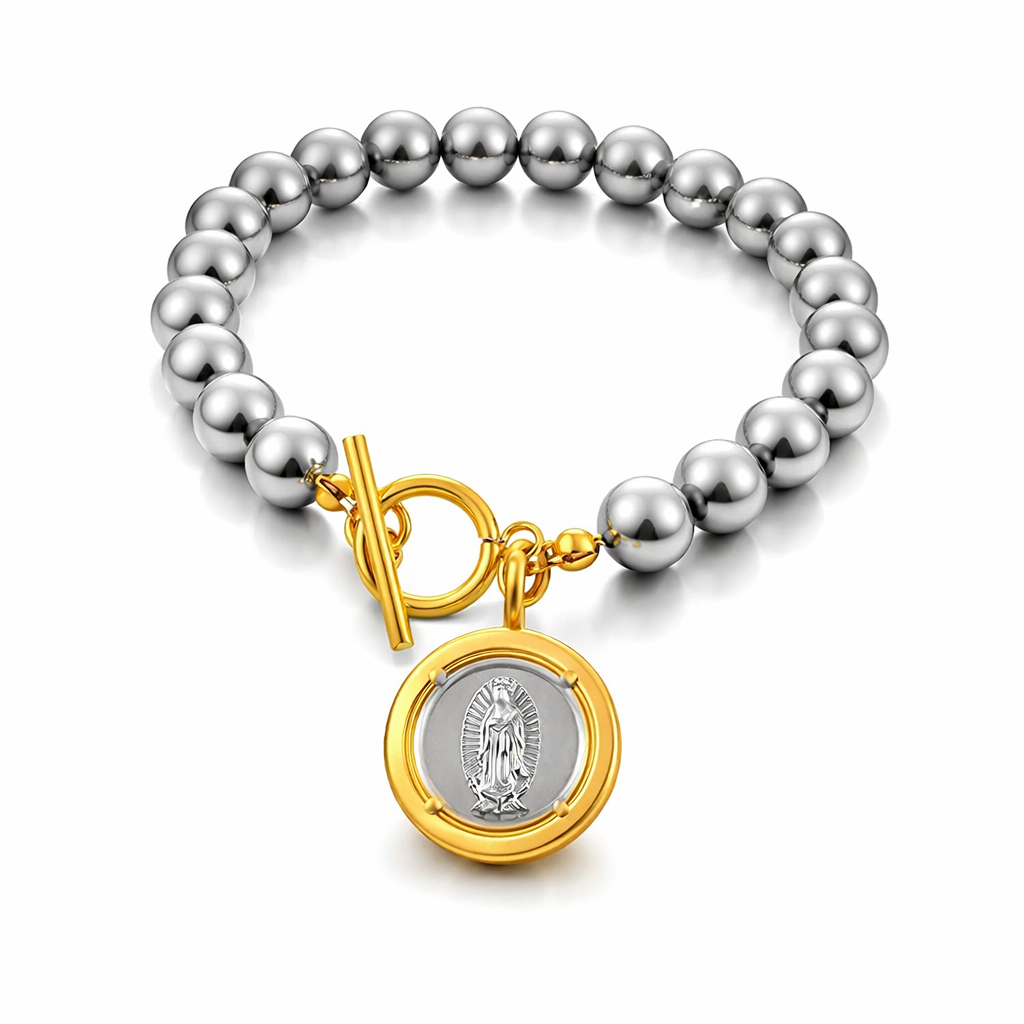 Brazalete religioso de acero inoxidable con medalla de la Virgen de Guadalupe