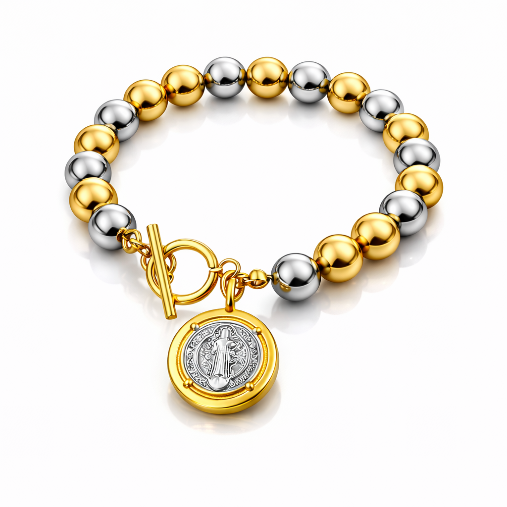 Brazalete religiosa bicolor con medalla de San José en acero inoxidable