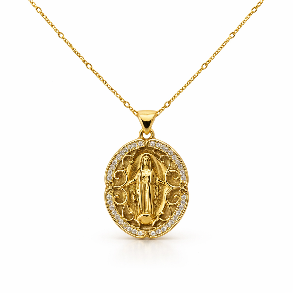 Religious necklace of the Virgin Mary with sparkling cubic zirconia and an elegant design