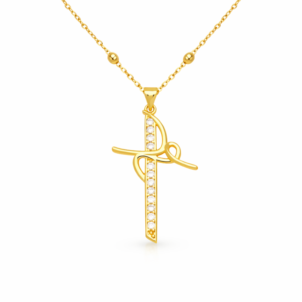 Gold religious necklace with glitter line cross and elegant design