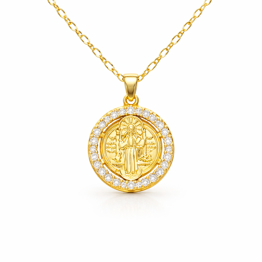 Saint Benedict Abbot religious necklace with sparkling cubic zirconia and elegant design 