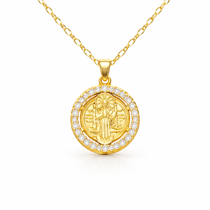 Saint Benedict Abbot religious necklace with sparkling cubic zirconia and elegant design 
