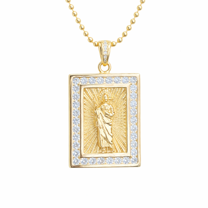 Gold necklace with Saint Jude in a rectangular frame with shine