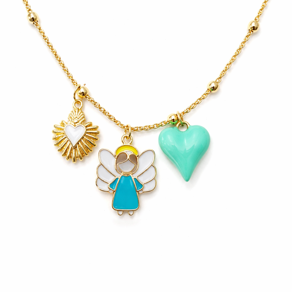 Trendy gold necklace with angel, green heart and sacred heart