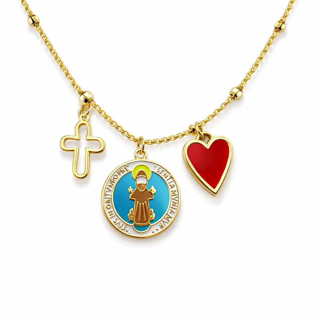 Trendy gold necklace with Saint Francis, cross and red heart