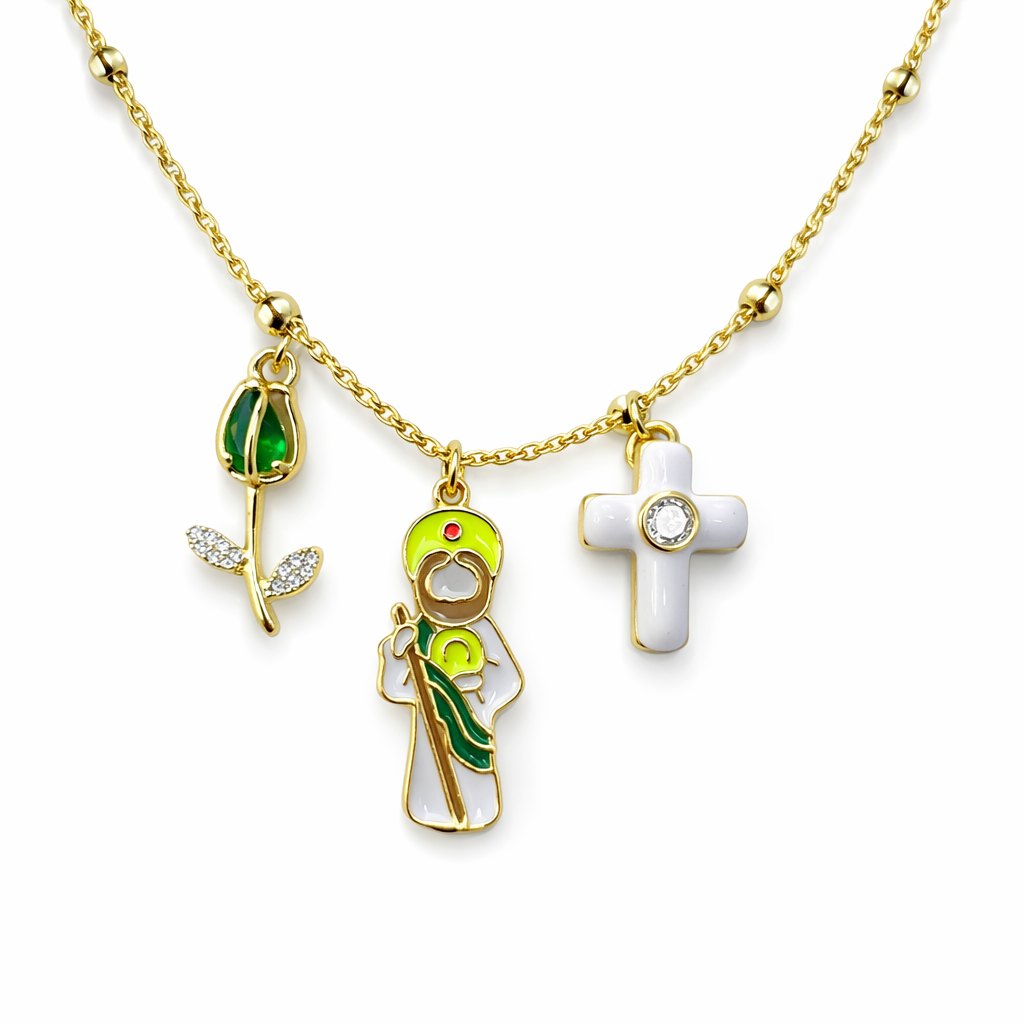 Trendy gold necklace with Saint Jude, cross and green rose