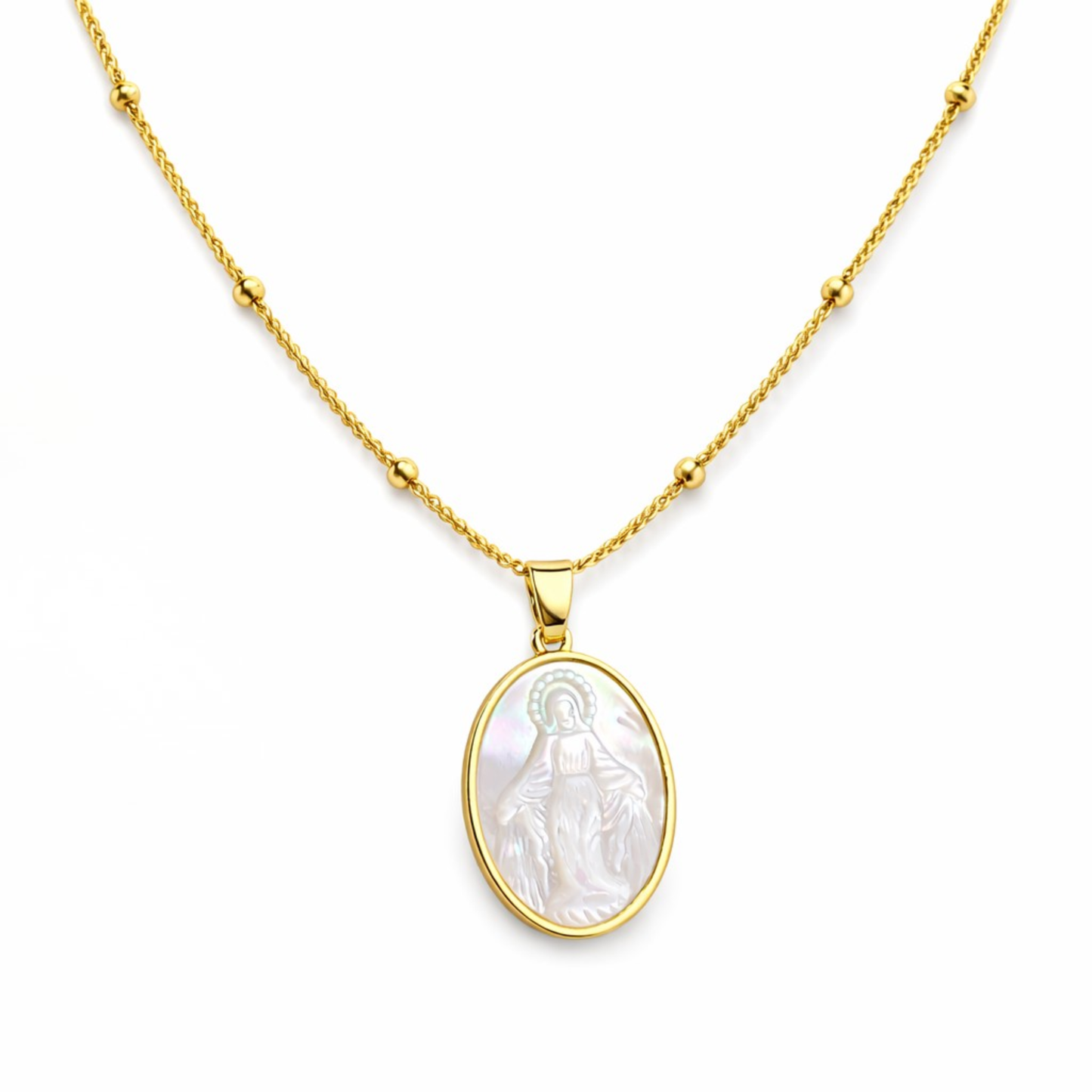 Religious Copper Style Necklace with Oval Mother of Pearl Virgin Mary Pendant 