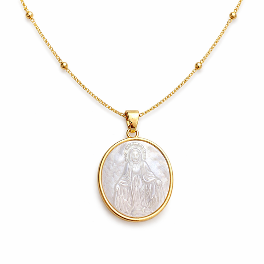 Religious necklace plated with a mother-of-pearl medal carved in a spiritual design. 
