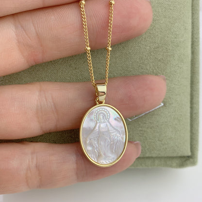 Religious Copper Style Necklace with Oval Mother of Pearl Virgin Mary Pendant 