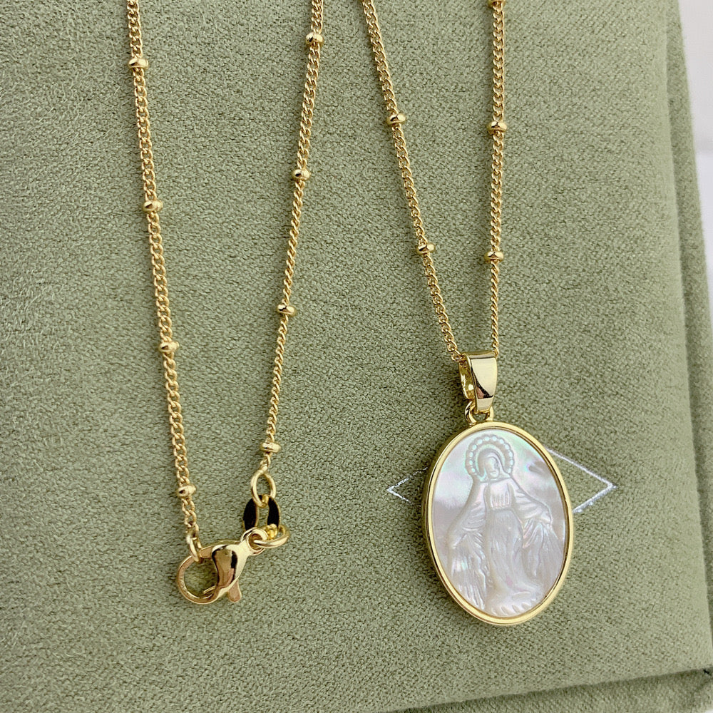 Religious Copper Style Necklace with Oval Mother of Pearl Virgin Mary Pendant 