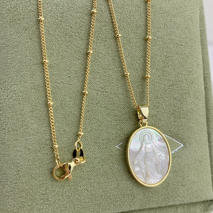 Religious Copper Style Necklace with Oval Mother of Pearl Virgin Mary Pendant 