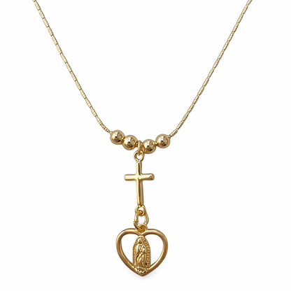 Religious copper-style necklace with cross and Virgin Mary heart pendant