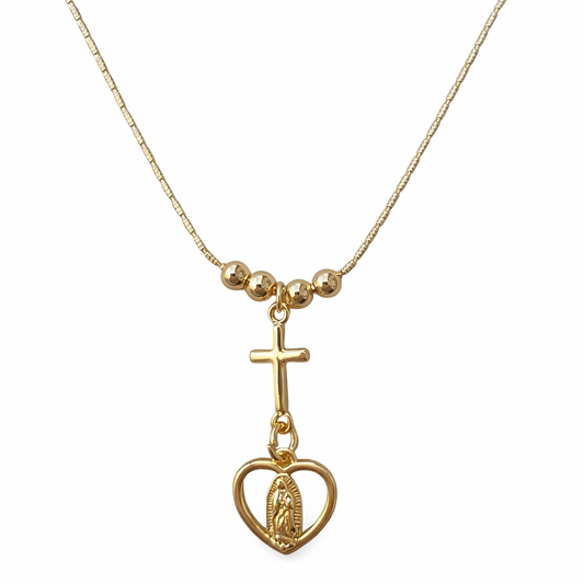Religious copper-style necklace with cross and Virgin Mary heart pendant