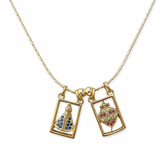 Religious copper necklace with two rectangular charms: Virgin and Sacred Heart 