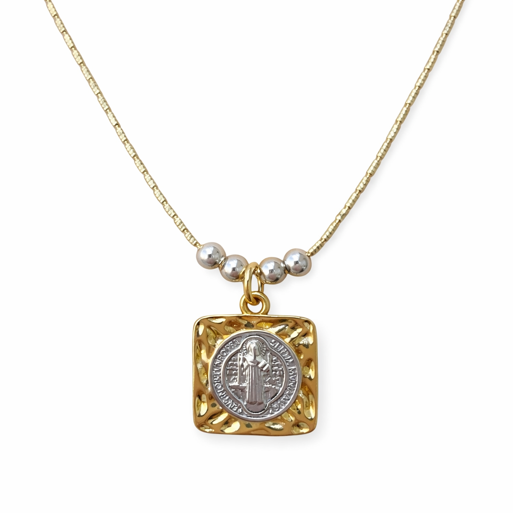 Religious copper necklace with modern square Saint Benedict Abbot pendant 