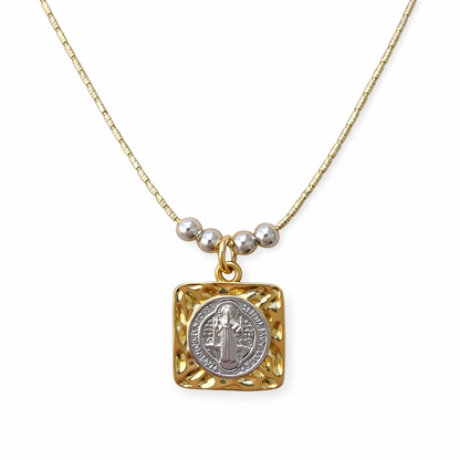 Religious copper necklace with modern square Saint Benedict Abbot pendant 