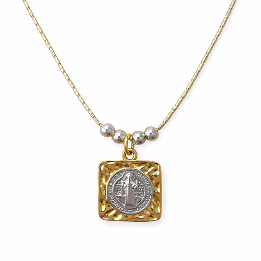 Religious copper necklace with modern square Saint Benedict Abbot pendant 