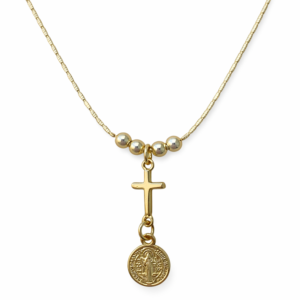 Religious copper-style necklace with cross and Saint Benedict medal 