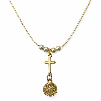 Religious copper-style necklace with cross and Saint Benedict medal 