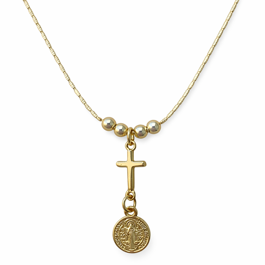 Religious copper-style necklace with cross and Saint Benedict medal 