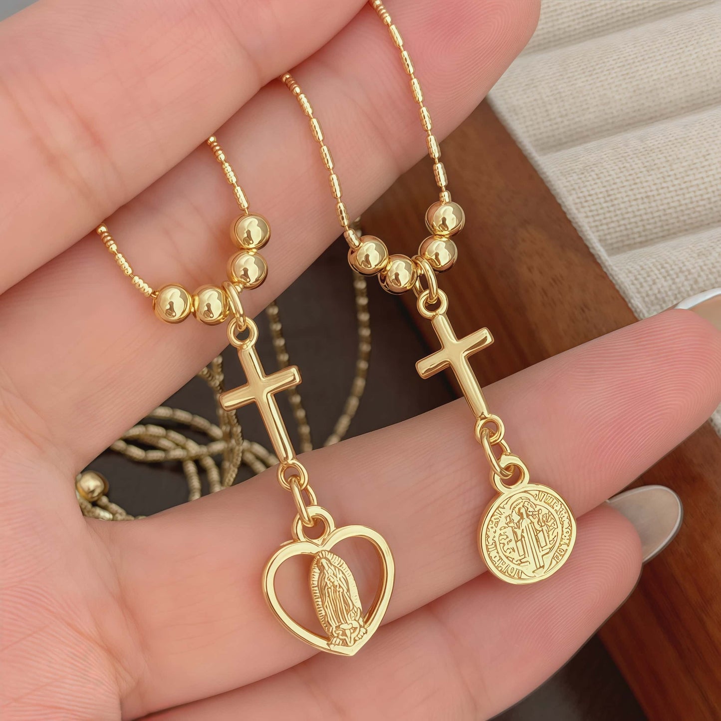 Religious copper-style necklace with cross and Virgin Mary heart pendant