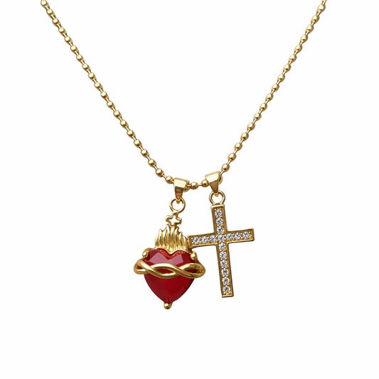 Collar Sagrado Corazón y cruz en acero inoxidable dorado
