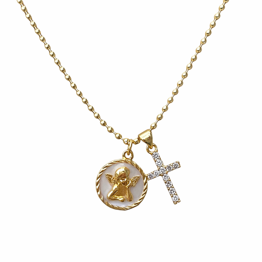 Collar religioso ángel y cruz en acero inoxidable dorado