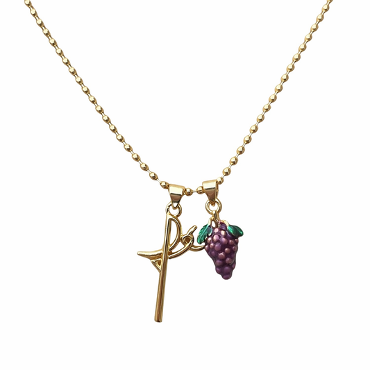 Collar religioso cruz y racimo de uvas en acero dorado